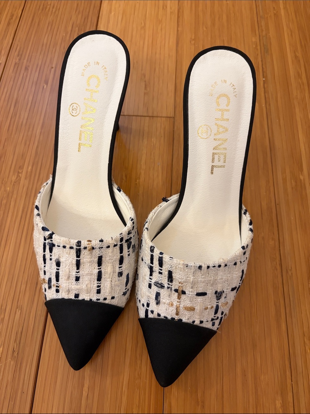 CC White Tweed Slide Mules with Black Pointed Toe